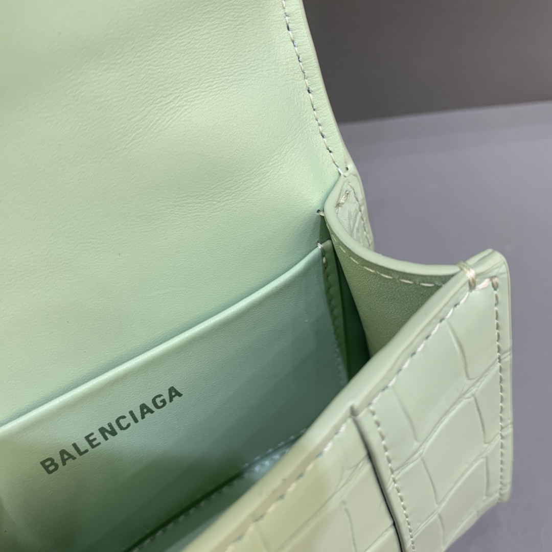 Balenciaga Hourglass Mini Handbag With Chain Crocodile Embossed Shoulder Bag Light Green